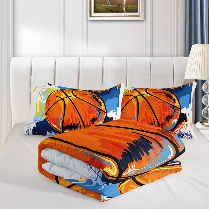 BSNTHO Basketball Comforter Set Boys Sports Bedding Set Queen Size for Kids Teens Hand Drawn Graffiti Style Comforter Design 3 Piece with 1 Comforter 2 Pillowcases - Image 4